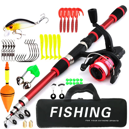 Children's fishing rod and reel set with pole, wheel, and bait accessory box in blue colour