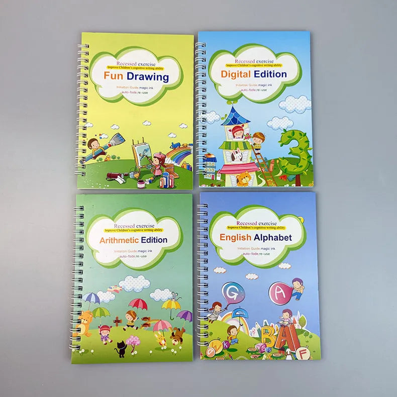 Magic calligraphy copybook set with stylus for children's handwriting practice showing 3D slot design