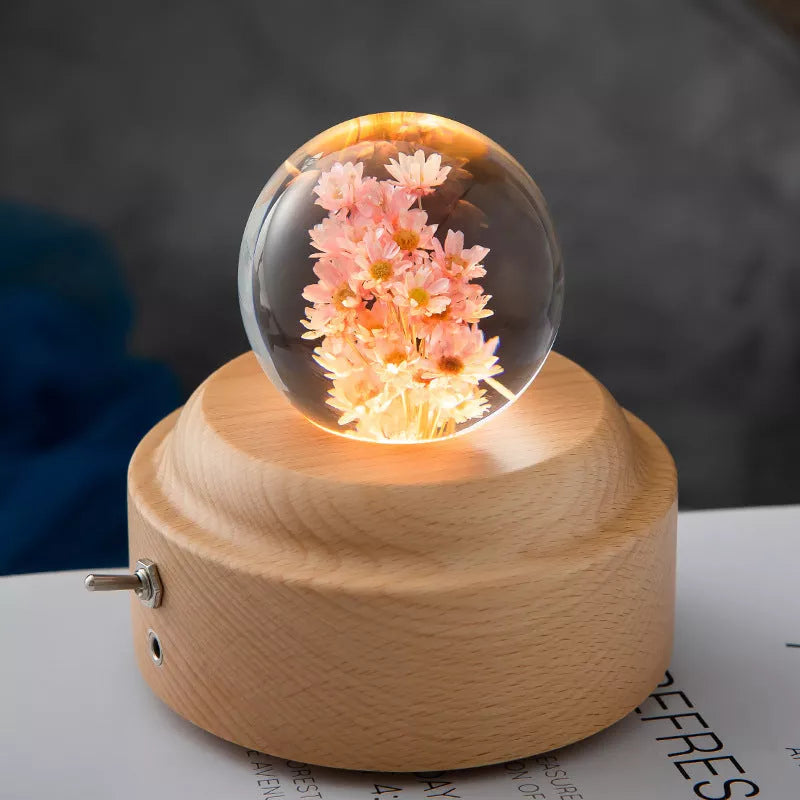 LED Dandelion Crystal Ball Night Light with oak base emitting soft glow