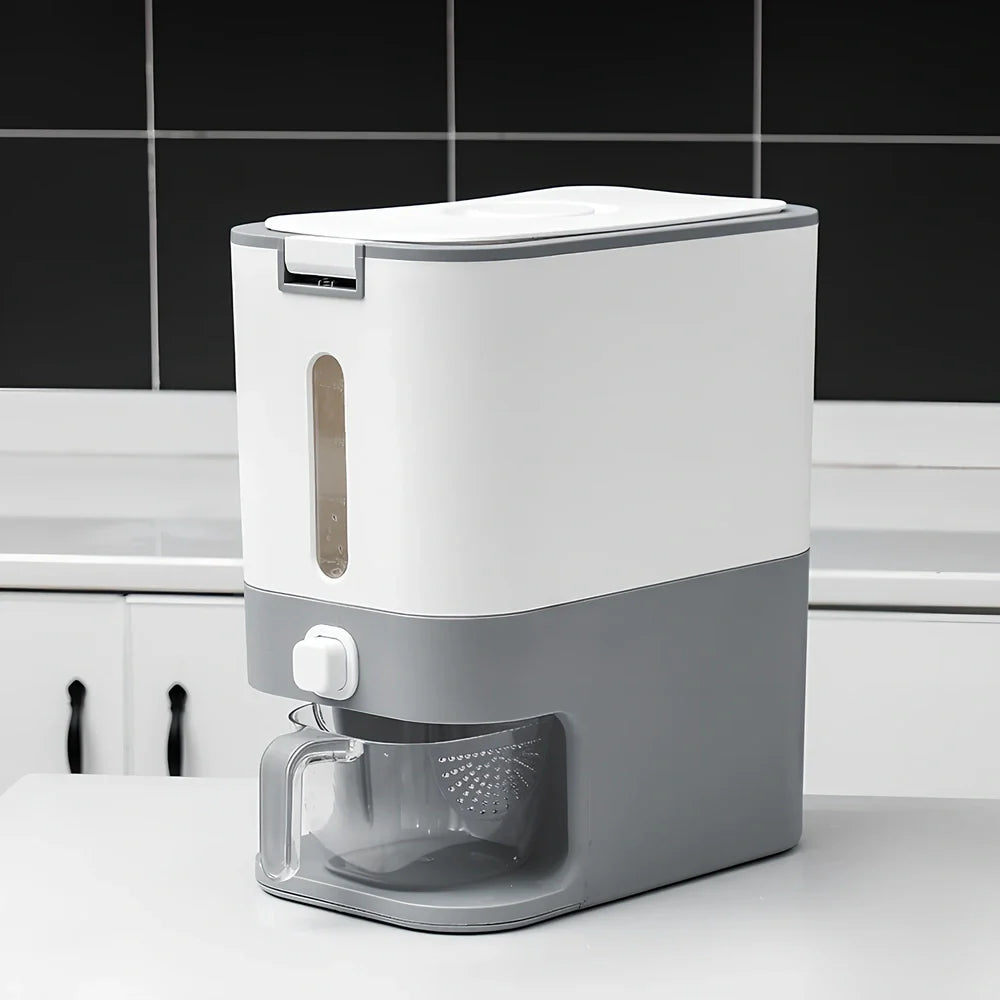 Blue automatic rice bucket with measurement scale and transparent window showing rice inside