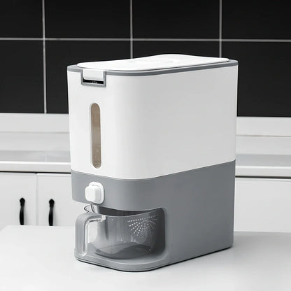 Blue automatic rice bucket with measurement scale and transparent window showing rice inside