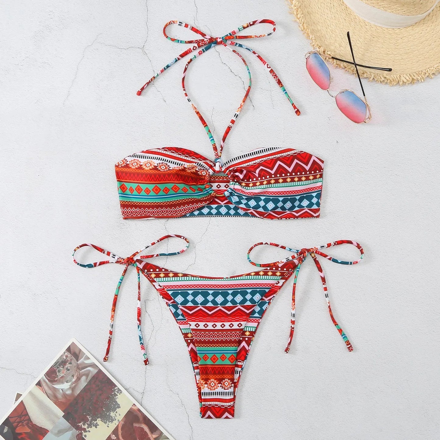 Women's green stripe halterneck bikini swimsuit with high-cut briefs