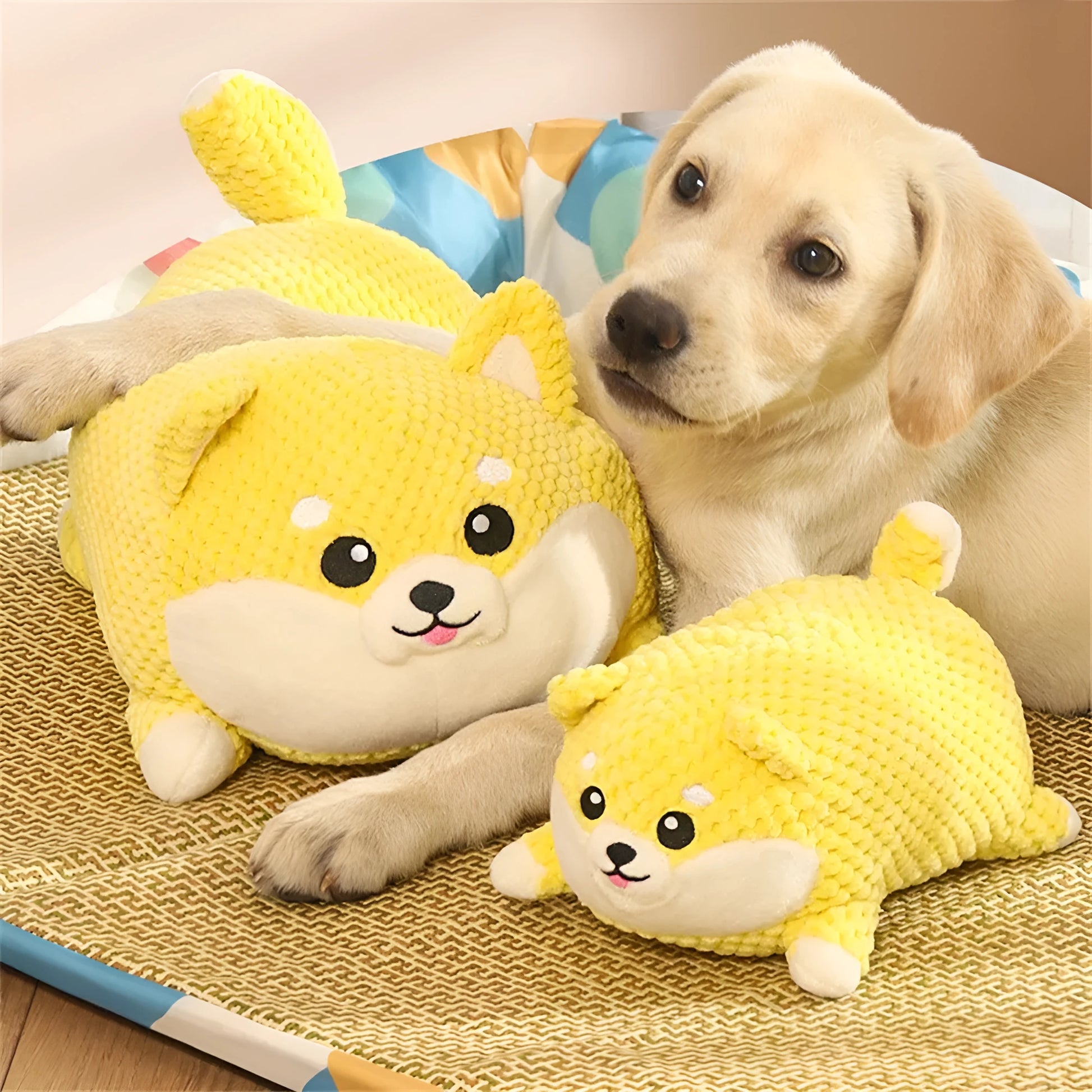 Calming plush dog toy with teeth cleaning chew surface and squeaker