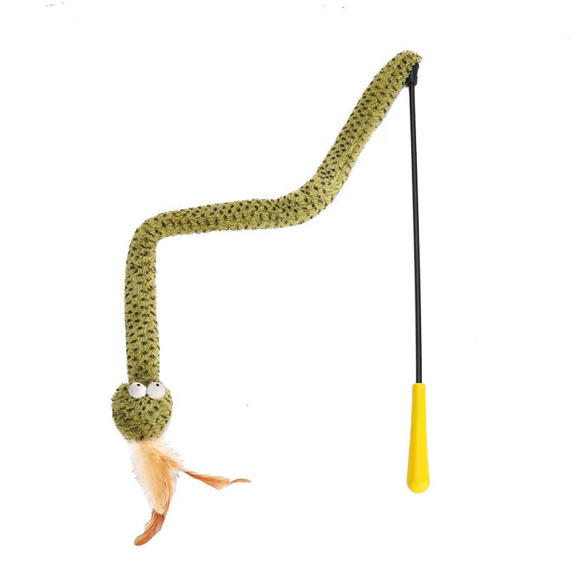 Long green snake cat teasing stick toy with feather end for cat play.