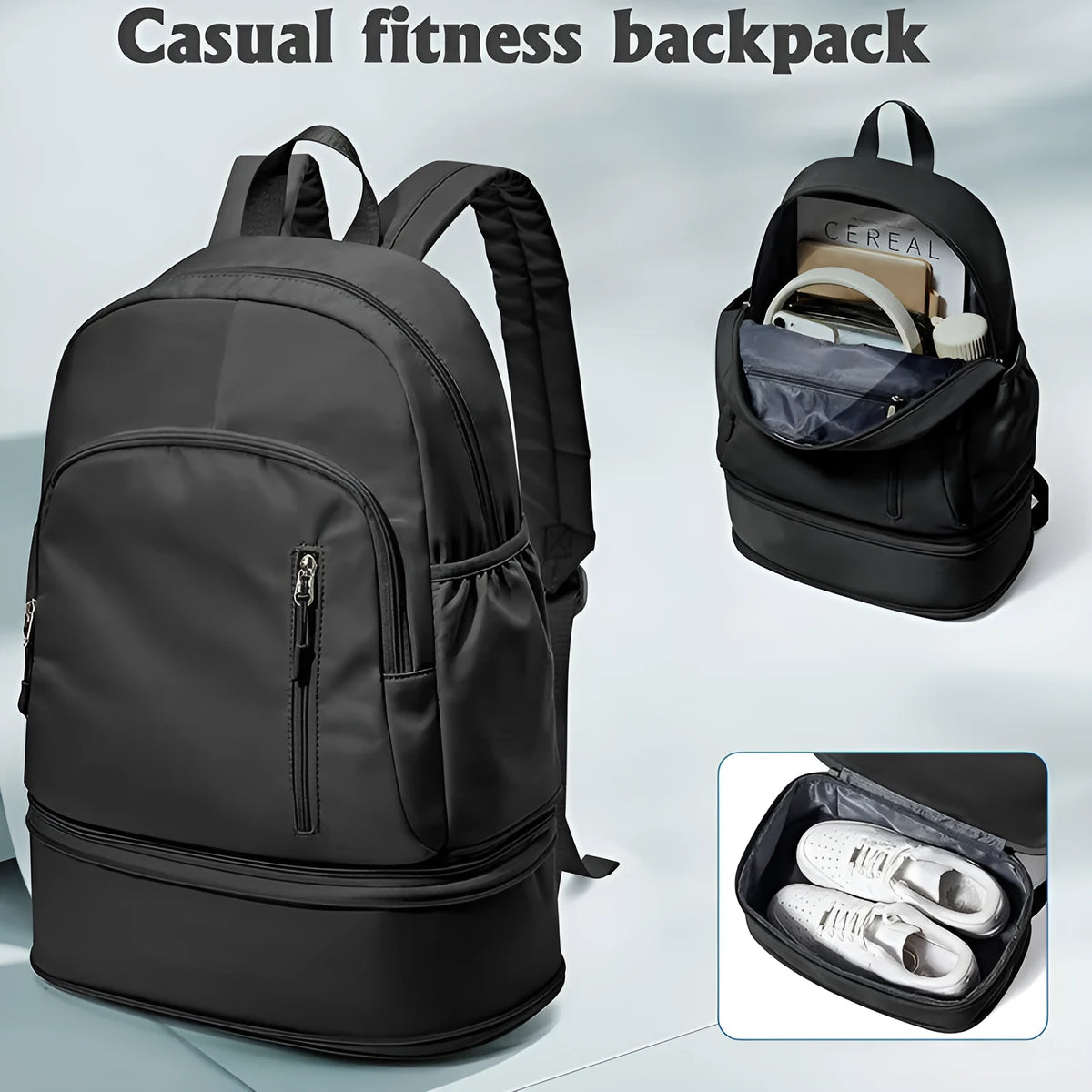 Women's casual backpack in black with adjustable curved shoulder straps and contrast stitching, 20-35L waterproof polyester.
