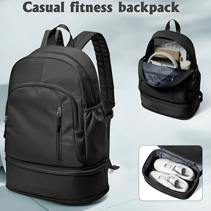 Women's casual backpack in black with adjustable curved shoulder straps and contrast stitching, 20-35L waterproof polyester.