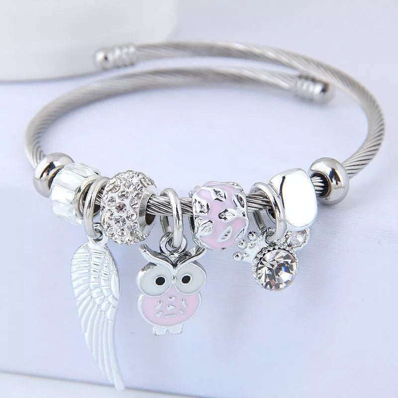 DIY Beaded Owl Angel Wings Pendant Stainless Steel Bracelet with rhinestone accents