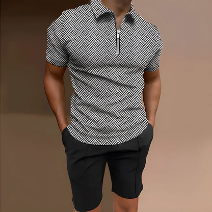 Men's casual printed two-piece set with short sleeve top and matching shorts