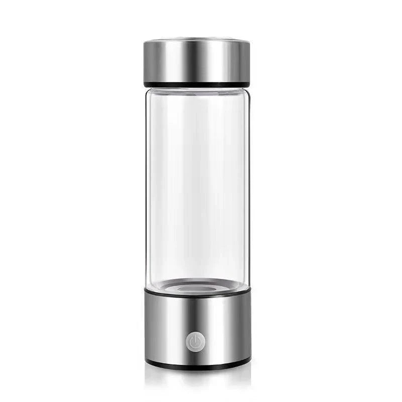 Premium hydrogen water bottle with rechargeable generator, crafted with borosilicate glass for improved cellular health and hydration