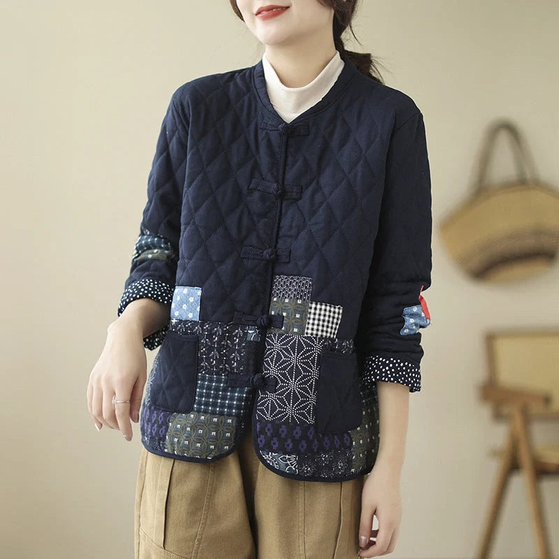 Cozy vintage-inspired cardigan jacket with a rhombus pattern design, featuring a padded interior and relaxed, oversized fit.
