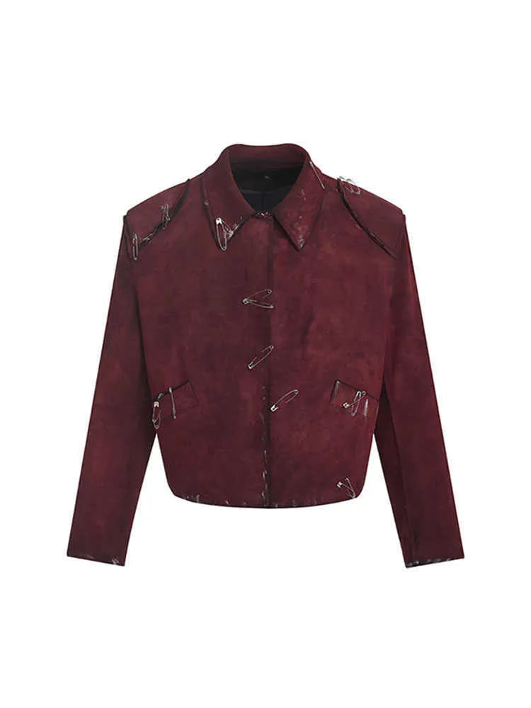 Men's red quilted jacket with decorative pins and flocking details, loose fit with lapel collar