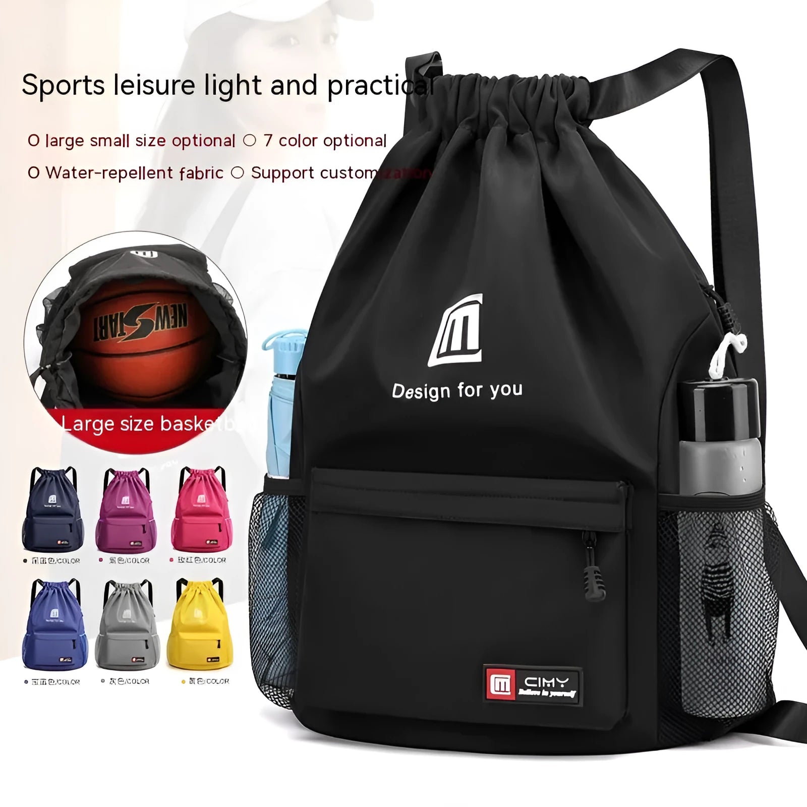 Large bucket-shaped travel backpack in blue with drawstring closure and soft black shoulder straps.