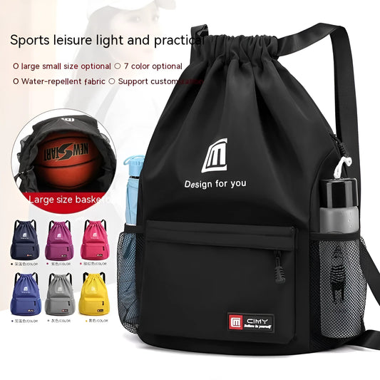 Large bucket-shaped travel backpack in blue with drawstring closure and soft black shoulder straps.