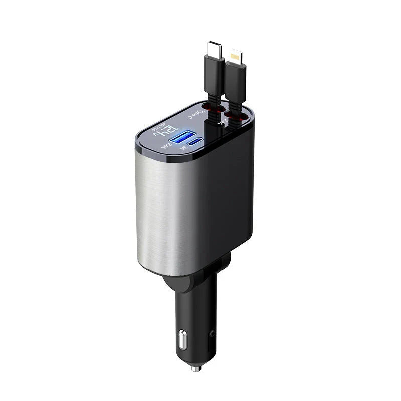 A sleek, metal 100W car charger with USB and Type-C ports for fast charging on the go
