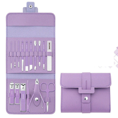 Premium 16-piece manicure set with sleek leather case, including nail clippers, scissors, tweezers, and other grooming tools