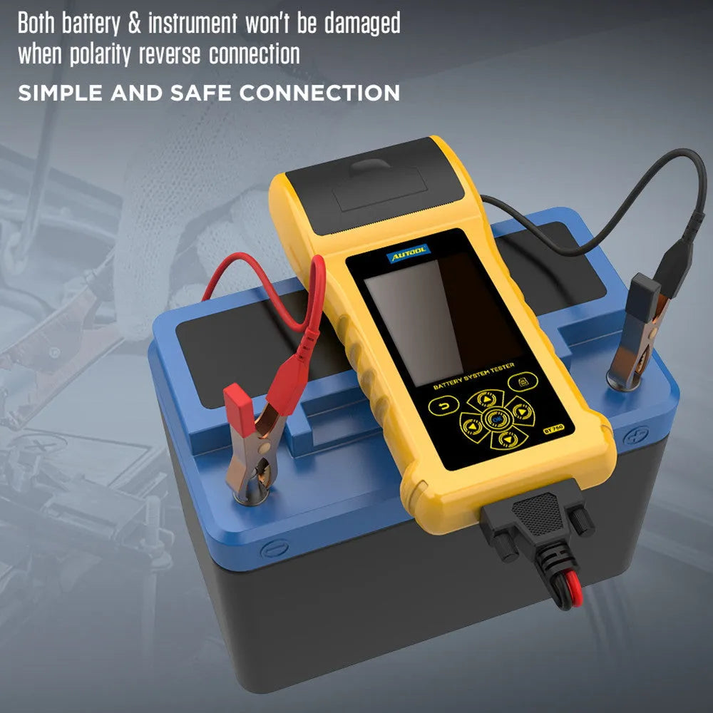 Autool BT760 vehicle battery tester with colour screen, clips, and thermal printer for 12V/24V diagnostics