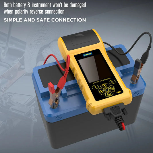 Autool BT760 vehicle battery tester with colour screen, clips, and thermal printer for 12V/24V diagnostics