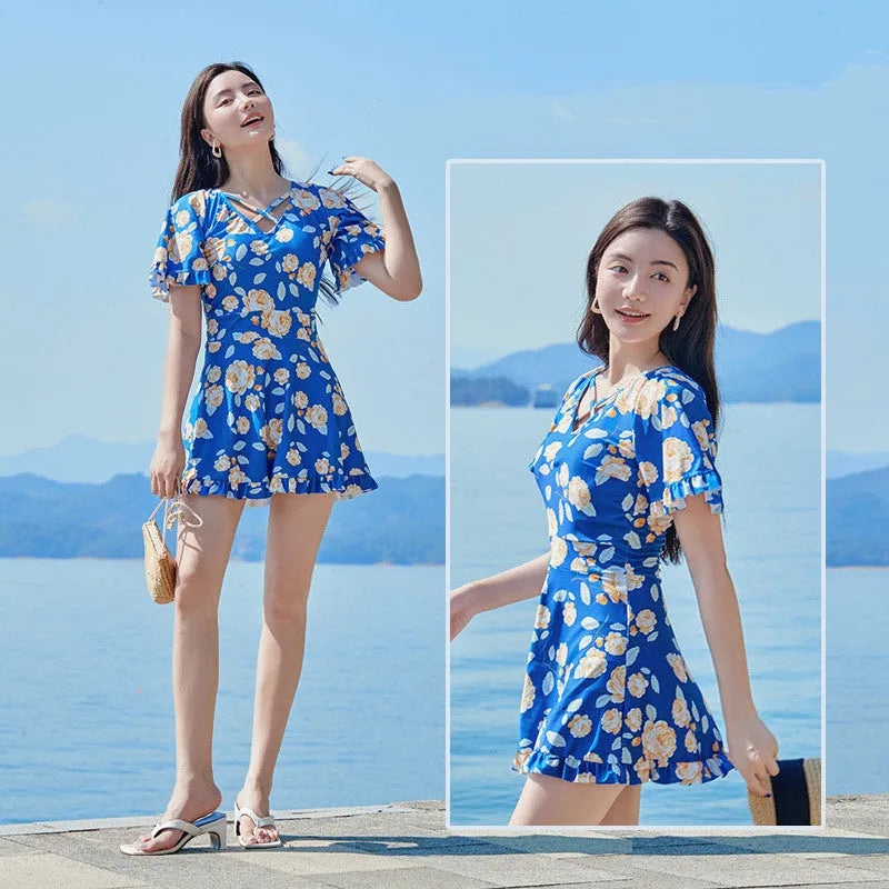 Women's high waist one-piece swimsuit with floral pattern in white flowers or blue design
