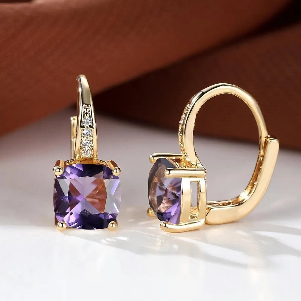 Square zircon inlaid ear hook earrings with geometric design and electroplated finish in golden tone