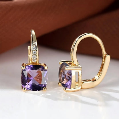 Square zircon inlaid ear hook earrings with geometric design and electroplated finish in golden tone