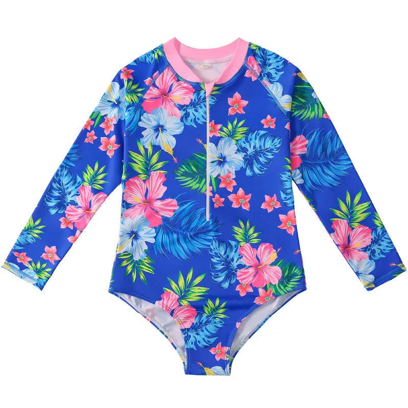 Girl's long-sleeve one-piece swimming suit in a briefs style on a hanger.