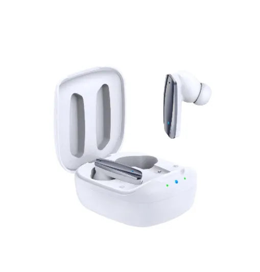 Black and white TWS Bluetooth headphones with USB charging case showing wireless earbuds
