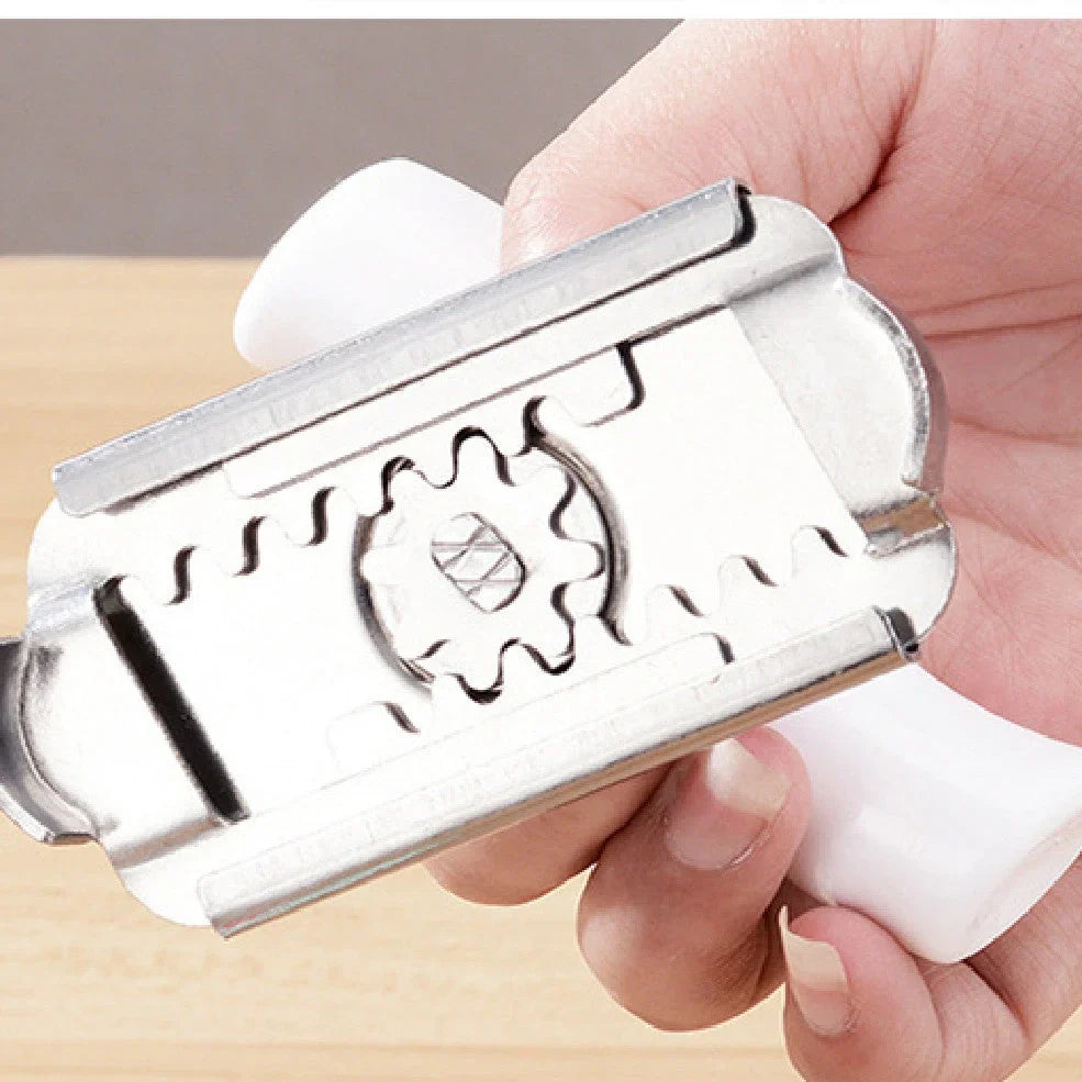 Adjustable stainless steel jar opener with ABS plastic handle, showing steel teeth and collapse feature