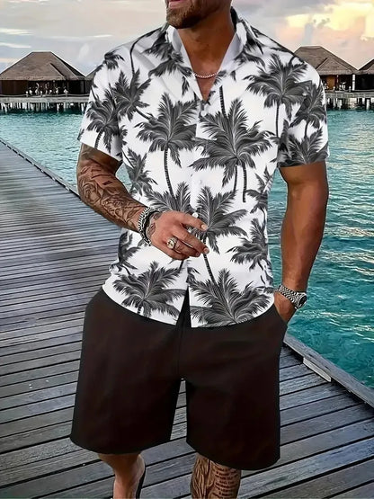 Men's Hawaii 3D printed short sleeve suit with textured patterns on polyester fabric