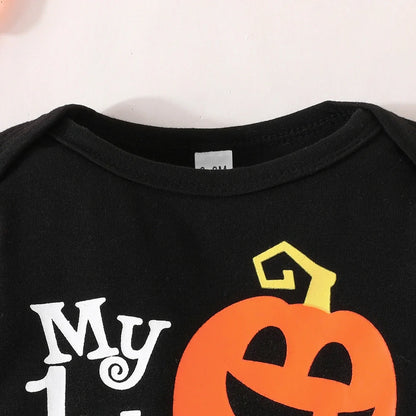 Baby wearing Halloween jumpsuit, trousers, and hat set with letters pattern and removable hood