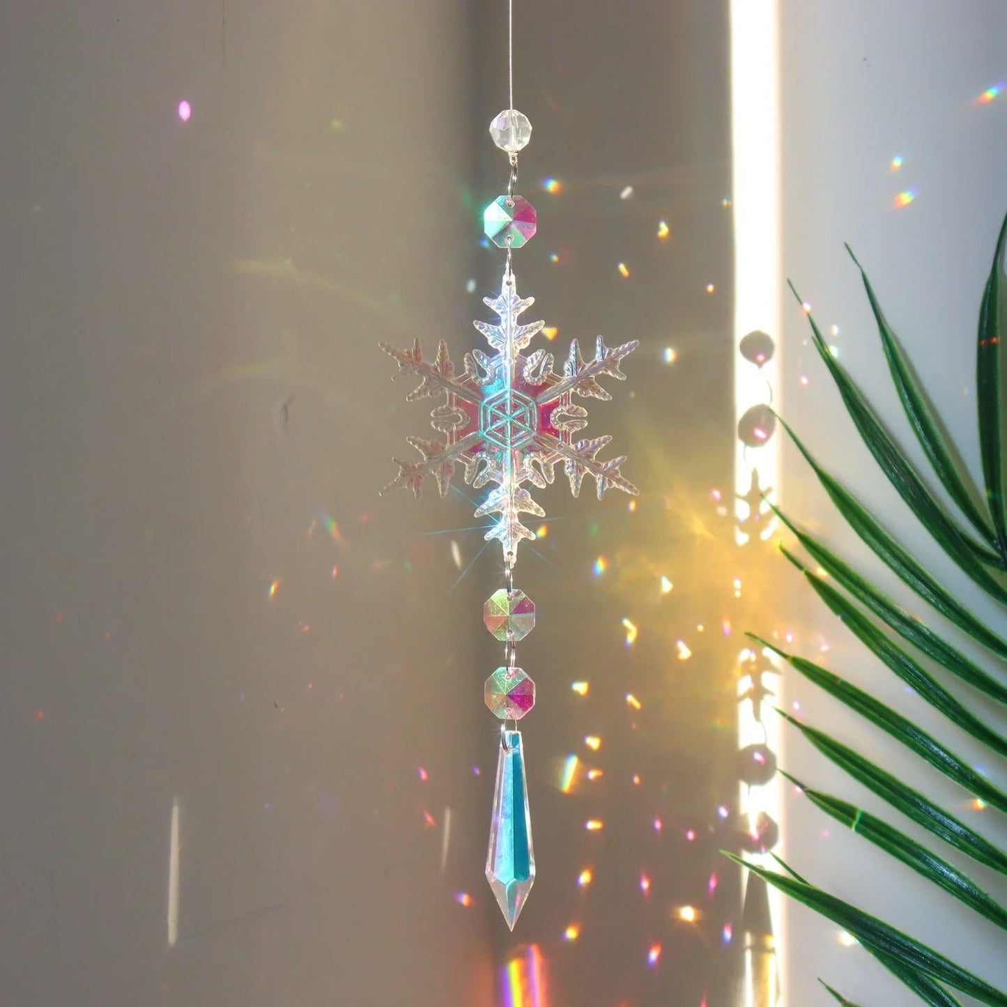 Christmas tree decoration dreamcatcher with AB colour acrylic snowflakes in multiple sizes and shapes