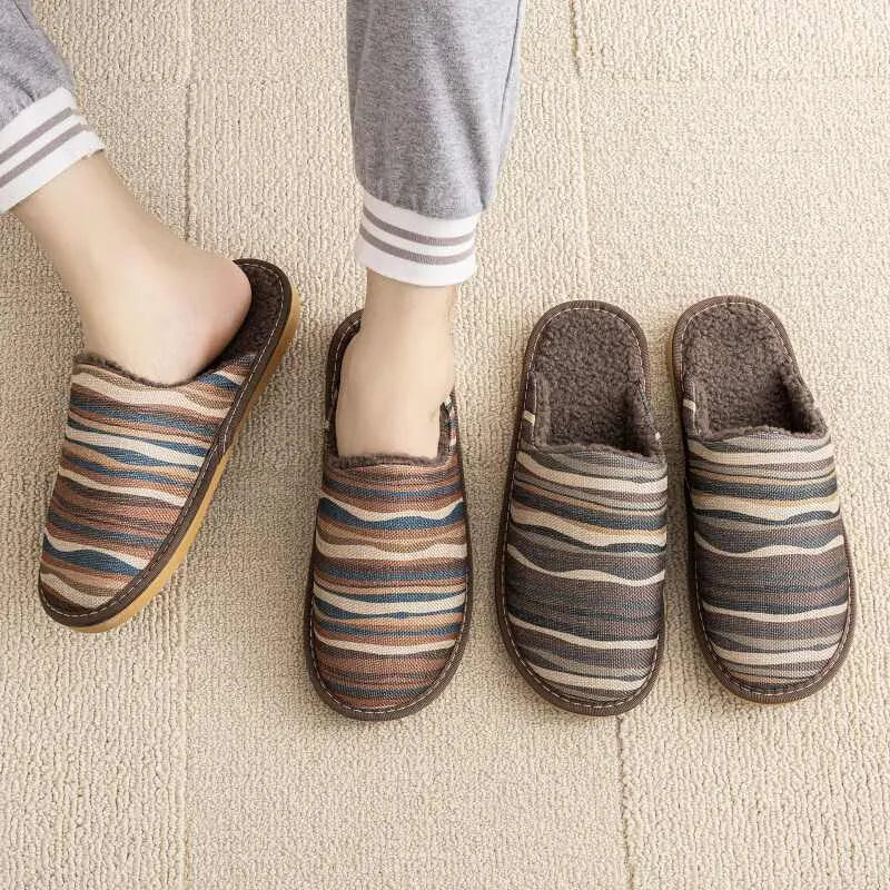 Pair of floral cotton slippers with linen-texture upper and light PVC sole for home wear.