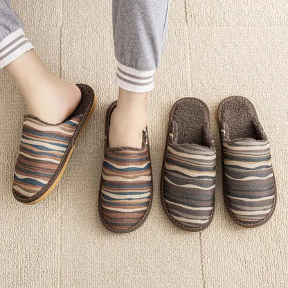 Pair of floral cotton slippers with linen-texture upper and light PVC sole for home wear.