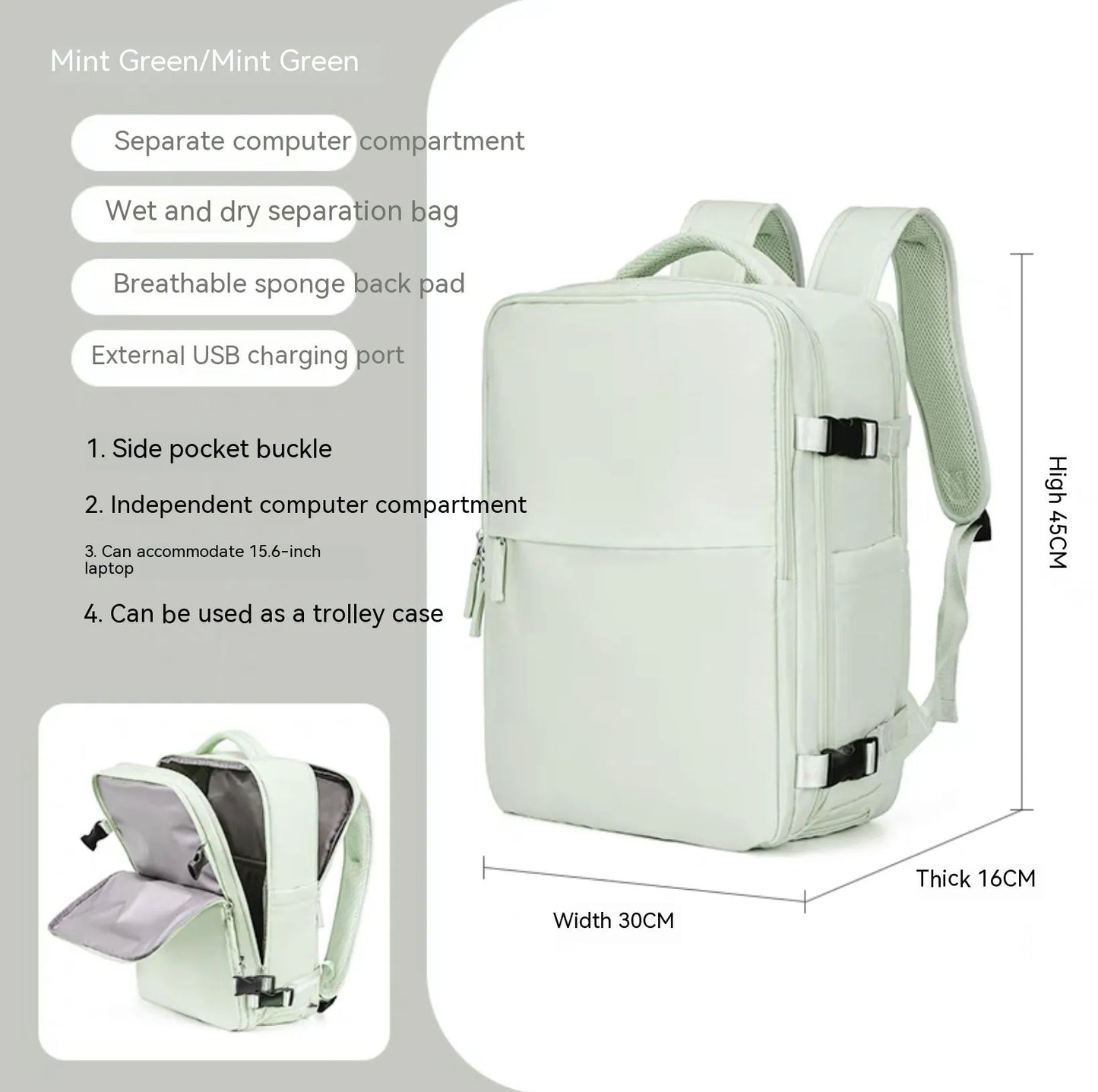 Large capacity waterproof mummy backpack in mint green colour with nylon material and 30-litre storage