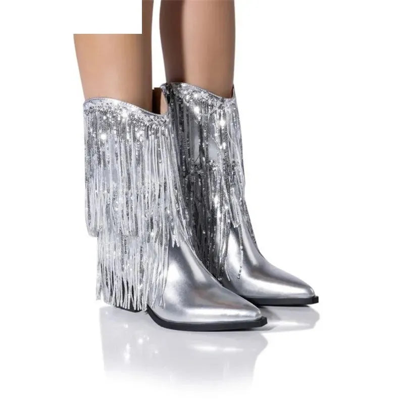 Women's black chunky heel tassel boots with pointed toe and 8cm+ stiletto heel on a neutral background