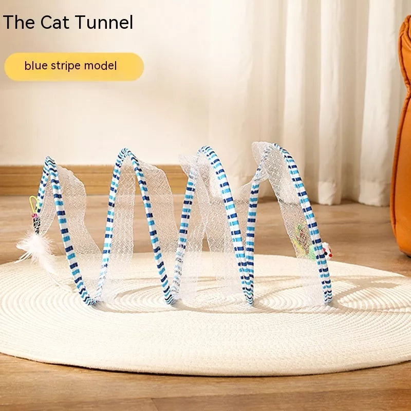 Folded Cat Tunnel S Type with Spring Toy Mouse for interactive cat play