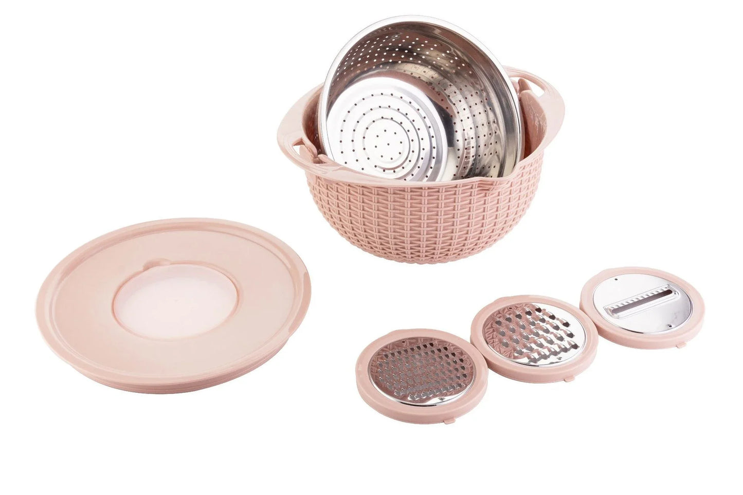 Versatile 4-in-1 Fruit and Veggie Prep Station with Rotating Colander, Slicing Blades, and Stylish Nordic-Inspired Colors