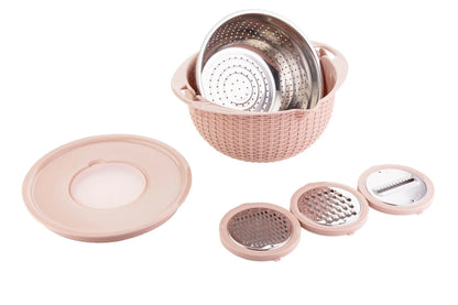 Versatile 4-in-1 Fruit and Veggie Prep Station with Rotating Colander, Slicing Blades, and Stylish Nordic-Inspired Colors