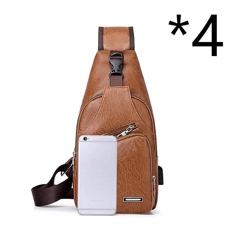 Stylish USB charging chest bag made of durable PU leather, featuring a roomy interior, dedicated smartphone pocket, and adjustable strap for comfort.