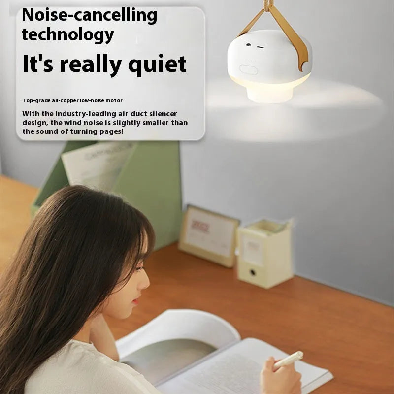 Portable rechargeable ceiling fan with remote control and strap for camping tents