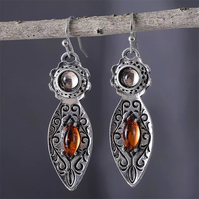 European and American retro pattern two-tone gemstone earrings in ancient silver