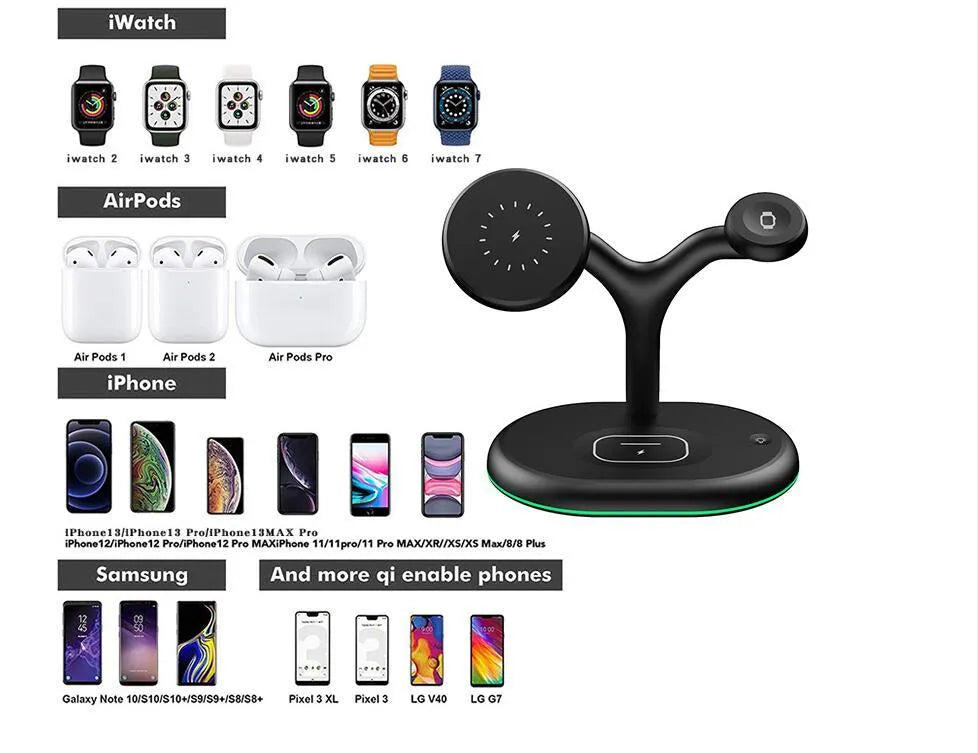Black magnetic three-in-one wireless charging stand for iPhone Apple Watch and AirPods