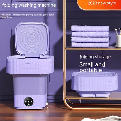 Compact purple folding washing machine with UK plug, measuring 30cm wide with 10L capacity drain basket