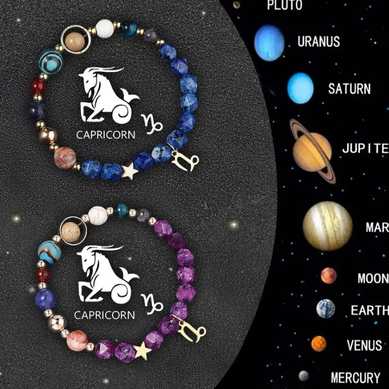 Twelve Zodiac Sign Beaded Bracelet Set with natural stone beads and adjustable cord on wrist