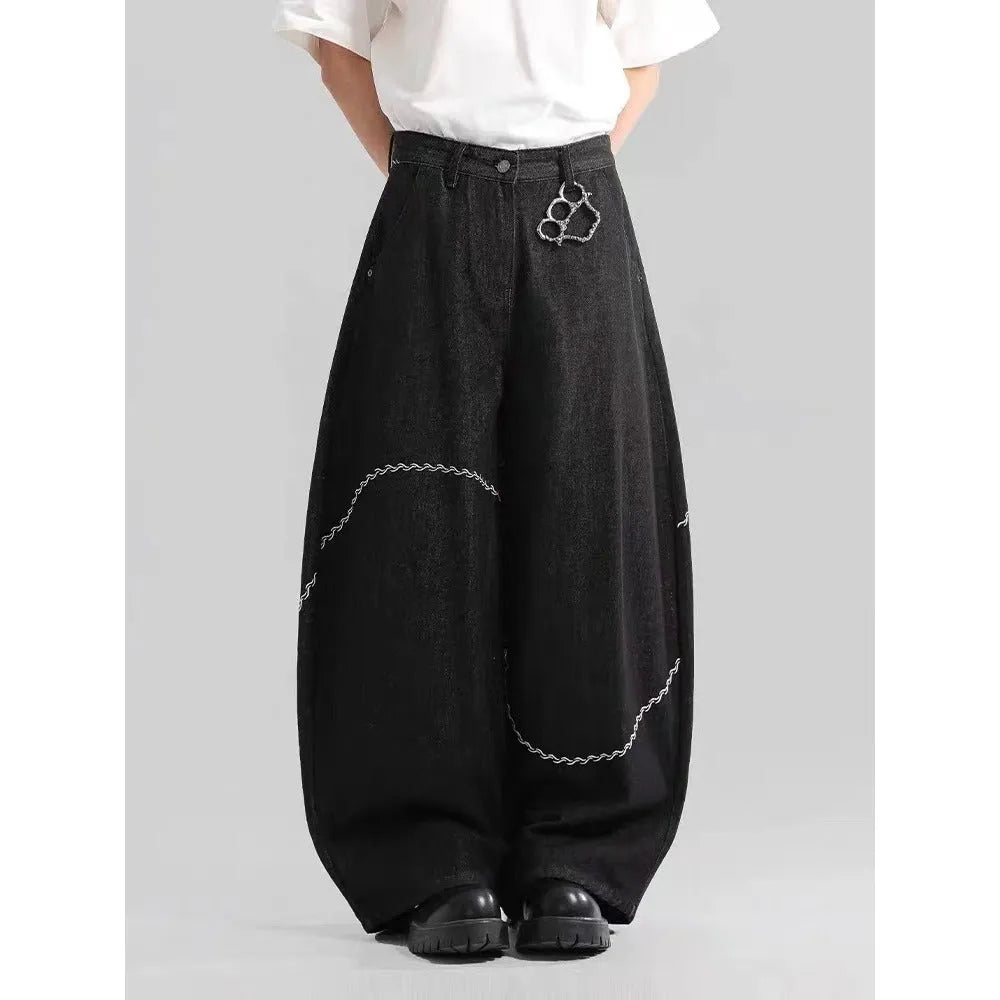 Black straight-leg polyester denim trousers with micro-elastic stretch and zip fly placket