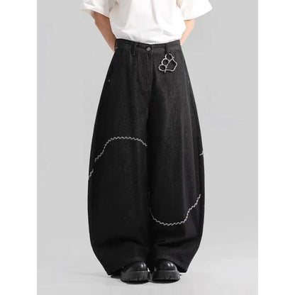 Black straight-leg polyester denim trousers with micro-elastic stretch and zip fly placket