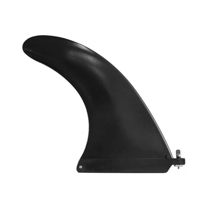 SUP paddle with detachable fish fins showing screw attachment system and plastic construction