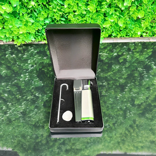 Portable foldable mini pipe with metal cap lighter showing 8cm folded size and wind-resistant function