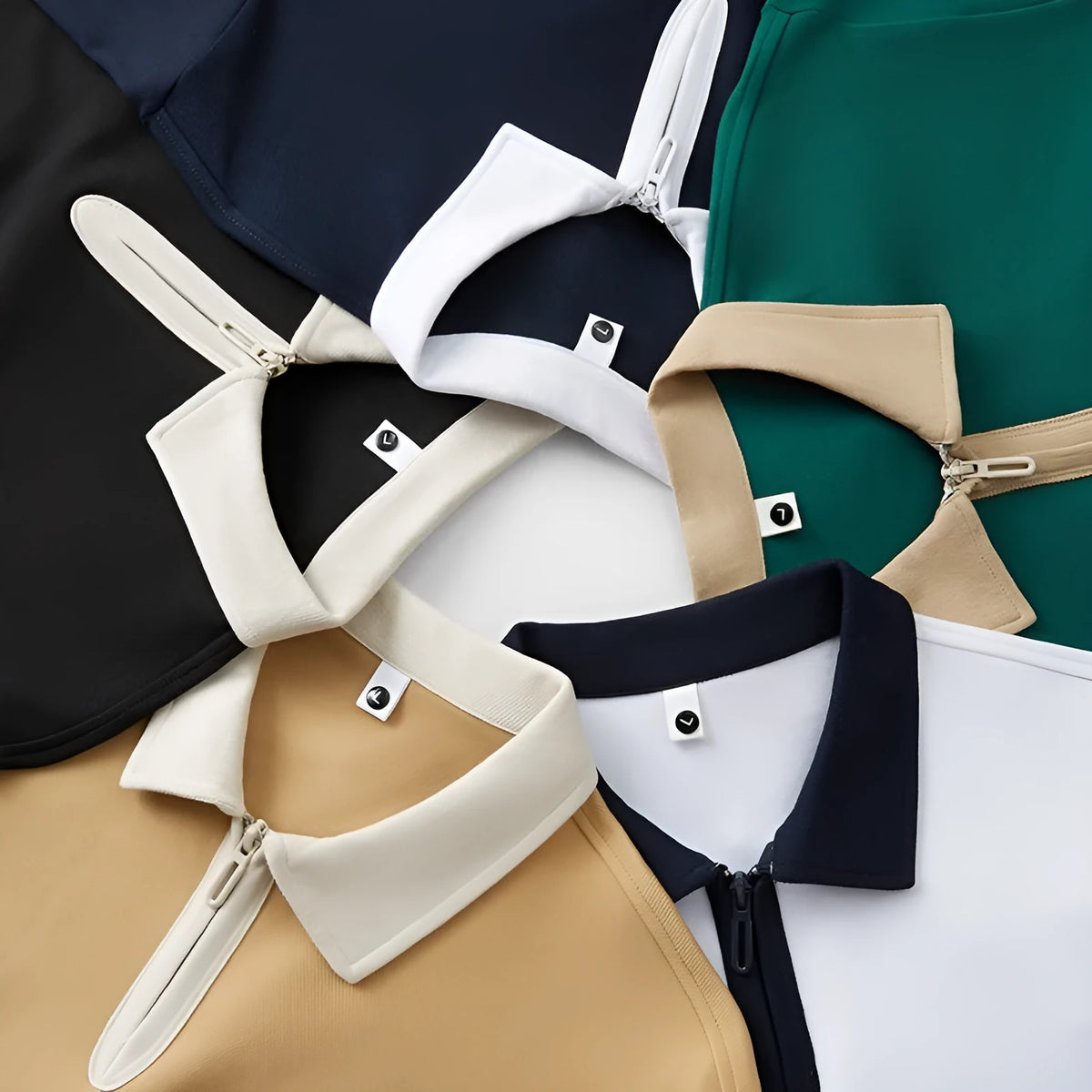 A navy blue nylon polo shirt with a zipper and lapel front closure and short sleeves.