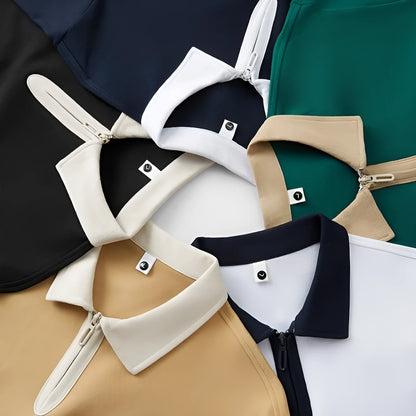 A navy blue nylon polo shirt with a zipper and lapel front closure and short sleeves.