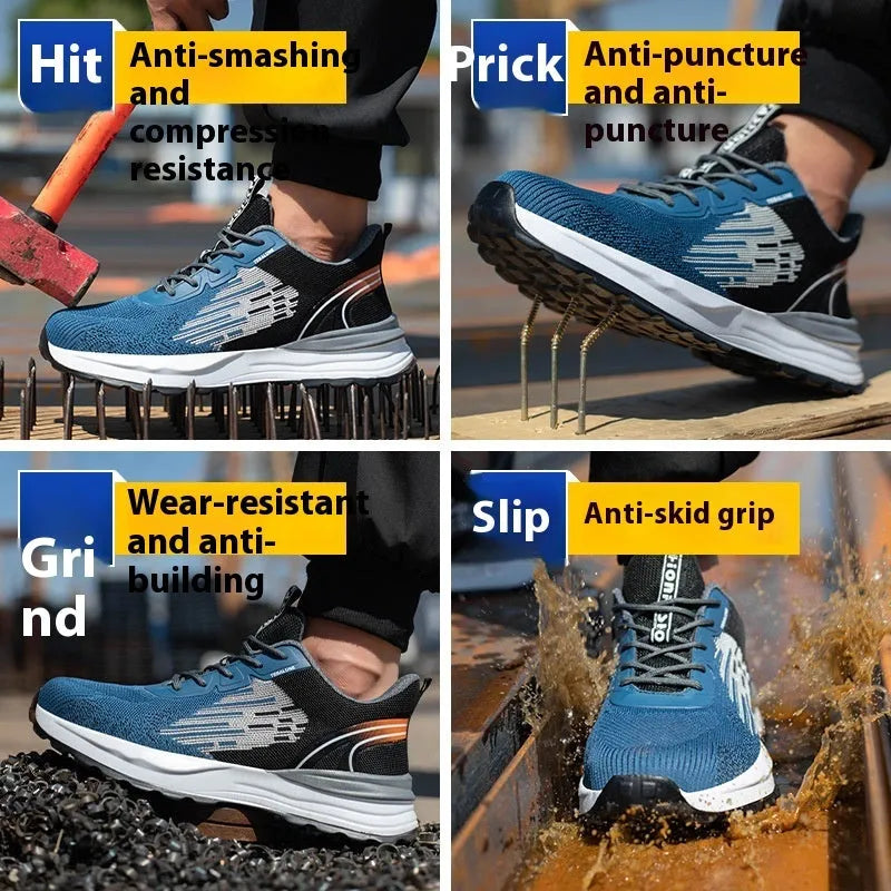 Blue men's safety work shoe with plastic toe cap, mesh upper, and lace-up closure.